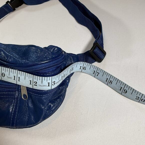 Vintage 100% Leather 90s Mod Grunge Punk Belt Bag Fanny Pack - Blue Adjustable - Picture 7 of 11